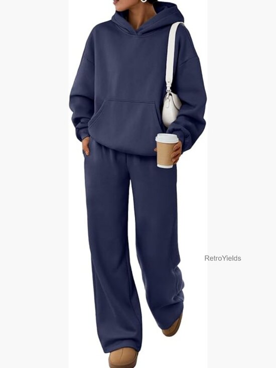 Pants - 2 Piece Lounge Set - Oversized Hoodie & Wide Leg Pants Matching Active Sweatsuit